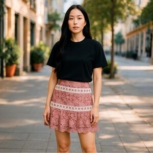 NWT Sandro Devon Floral Lace Rose Pink Mini Skirt Size 1, US Small
